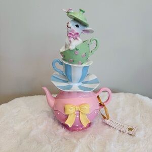 Bella Lux Easter Bunny In Stacked Pastel Teacups In Pink Teapot 11” NEW